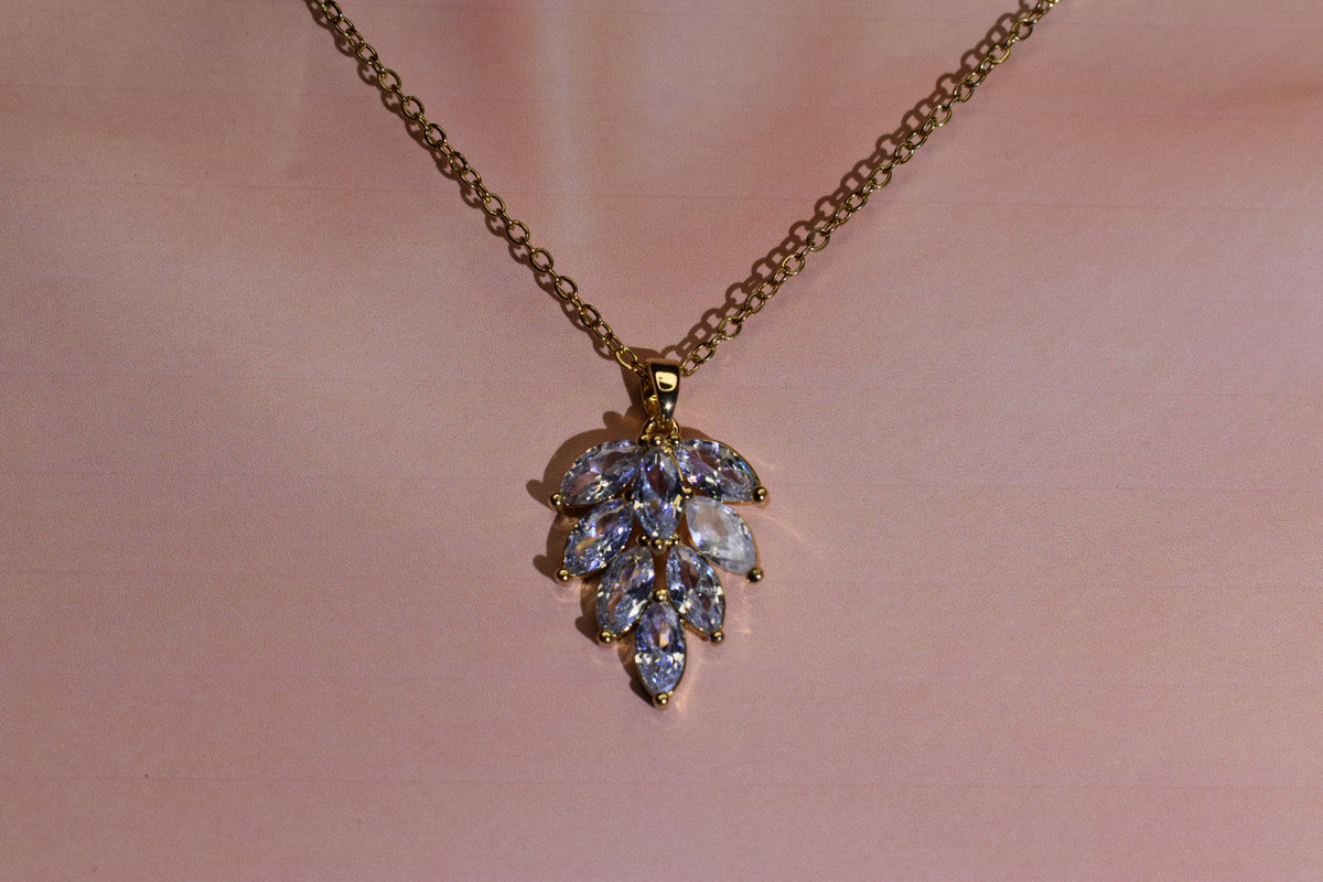 Celestial Crystal Leaf Pendant Necklace – Gold-Tone Statement Necklace