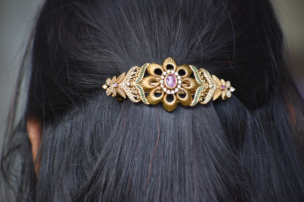 Royal Gold Floral Designer Hair Pin with Ruby & Green Stone Detailing