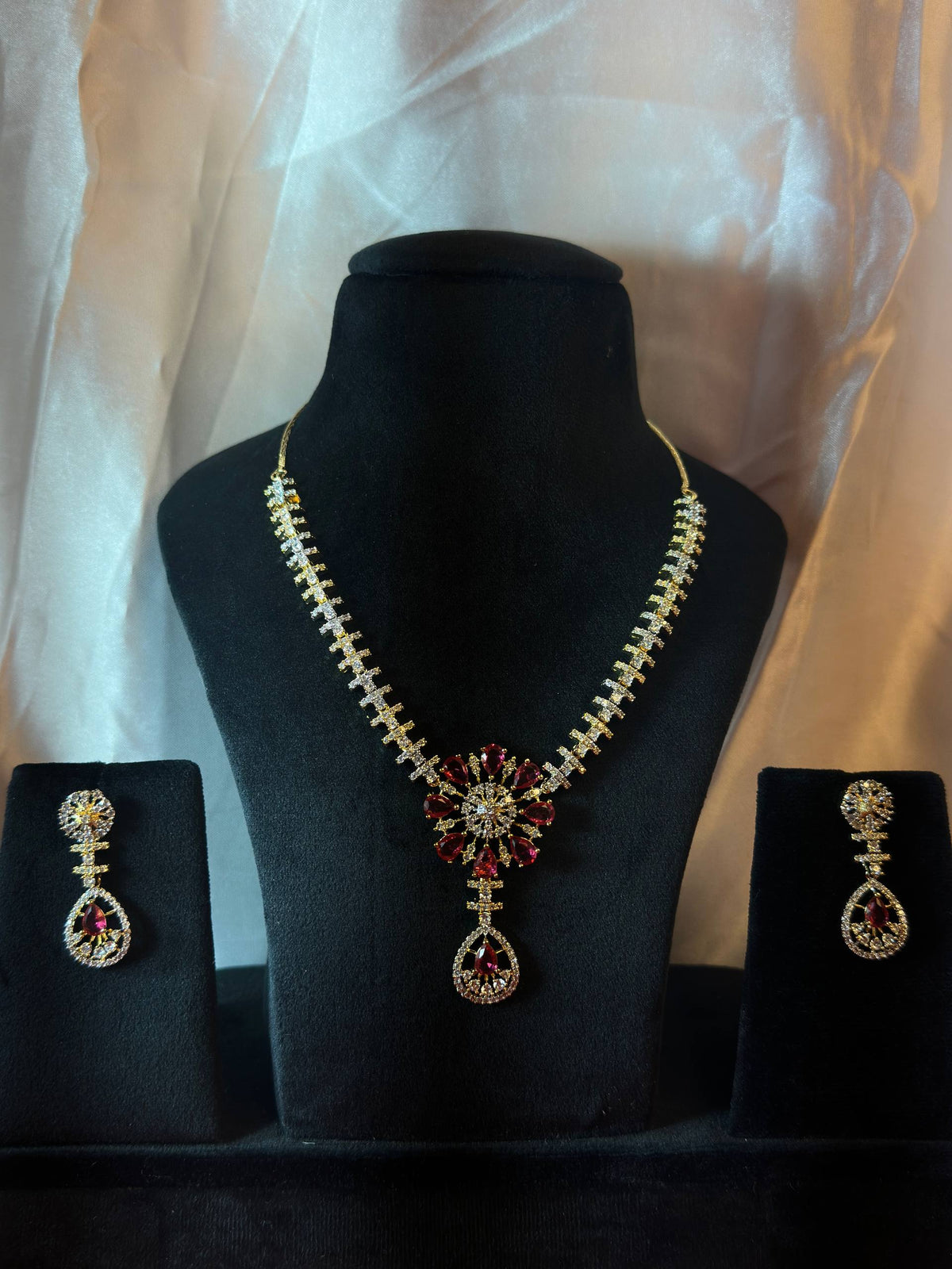 Premium Gold-Plated Necklace Set for Women | Elegant White & Pink Stone Jewellery Set with Earrings