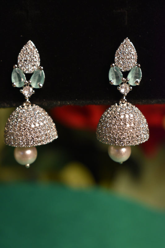 Elegant Crystal Studded Green & Silver Drop Earrings for Women