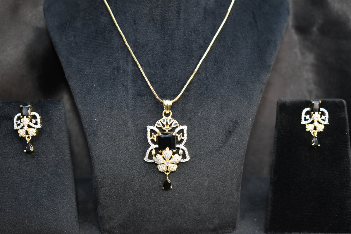 Royal Black and white Stone Pendant Necklace Set with Matching Earrings – Intricate Crystal Statement Jewellery
