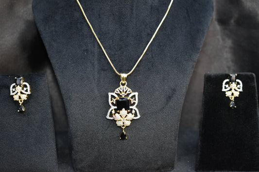 Royal Black and white Stone Pendant Necklace Set with Matching Earrings – Intricate Crystal Statement Jewellery