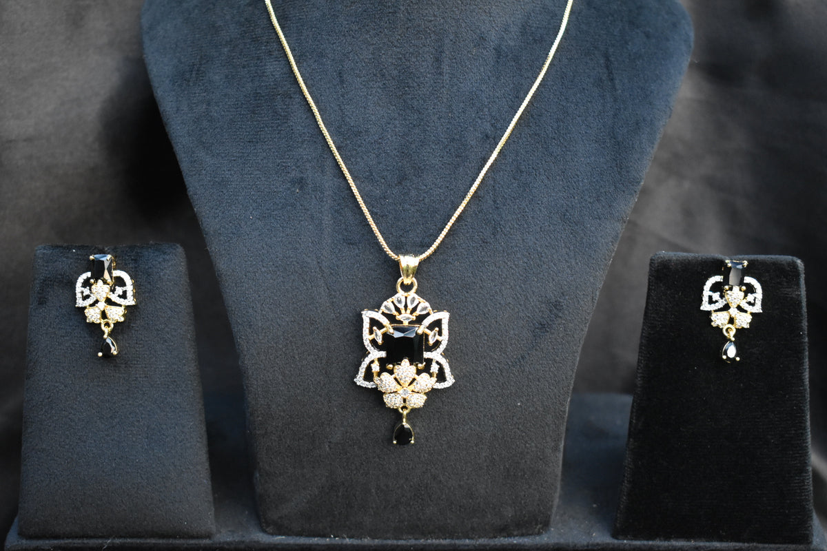 Royal Black and white Stone Pendant Necklace Set with Matching Earrings – Intricate Crystal Statement Jewellery