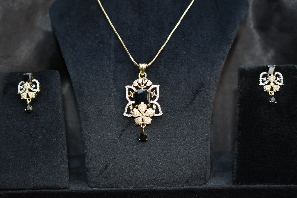 Royal Black and white Stone Pendant Necklace Set with Matching Earrings – Intricate Crystal Statement Jewellery