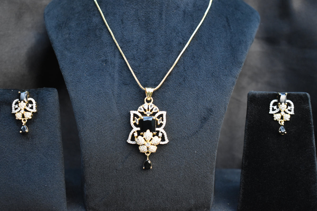 Royal Black and white Stone Pendant Necklace Set with Matching Earrings – Intricate Crystal Statement Jewellery