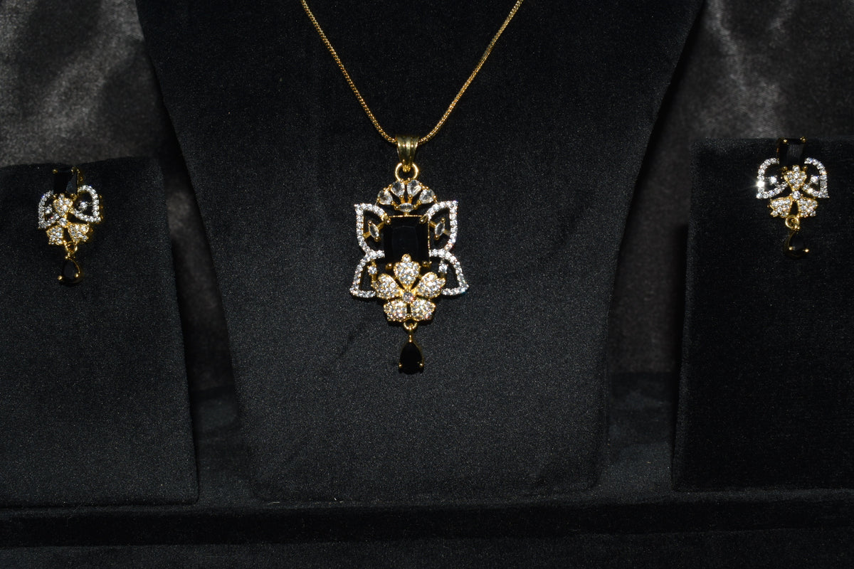 Royal Black and white Stone Pendant Necklace Set with Matching Earrings – Intricate Crystal Statement Jewellery