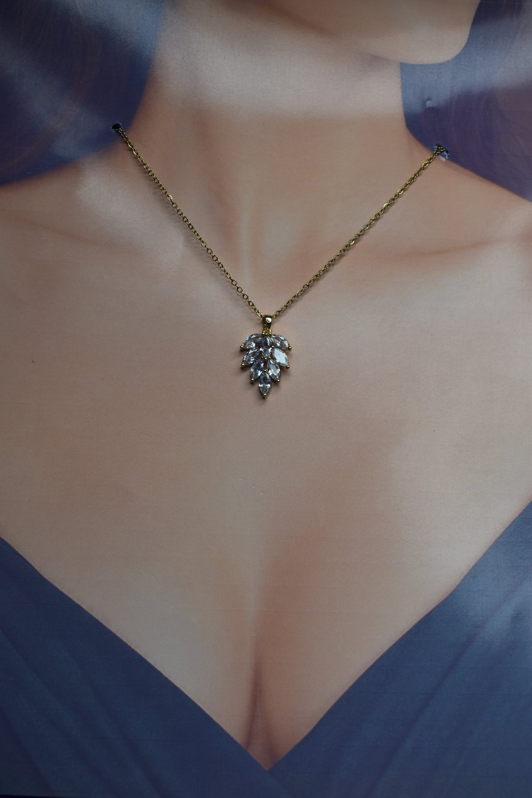 Celestial Crystal Leaf Pendant Necklace – Gold-Tone Statement Necklace