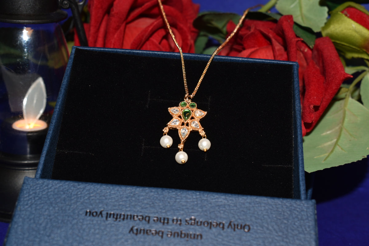 Emerald Floral Pearl Drop Necklace | Elegant Gold-Tone Statement Jewellery