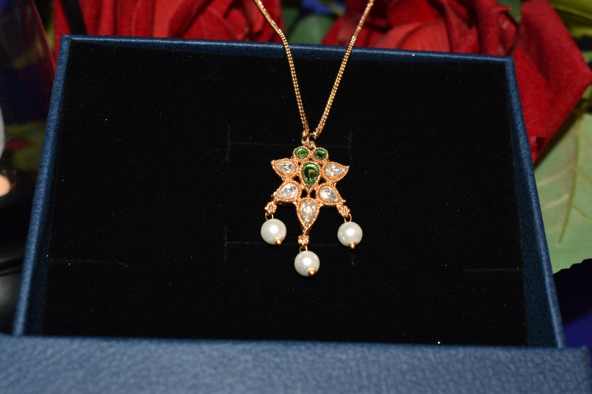 Emerald Floral Pearl Drop Necklace | Elegant Gold-Tone Statement Jewellery