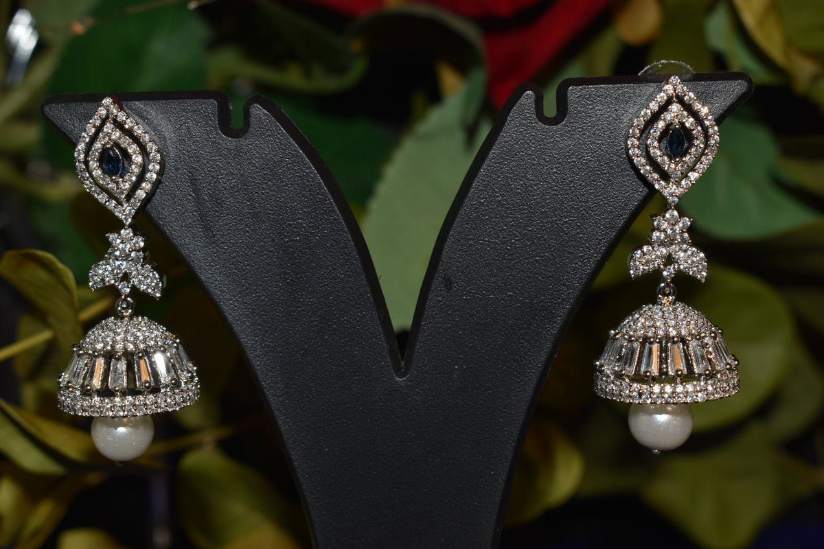 Elegant Silver Jhumka Earrings with CZ Stones & Pearl Drop – Traditional Statement Earrings for Women