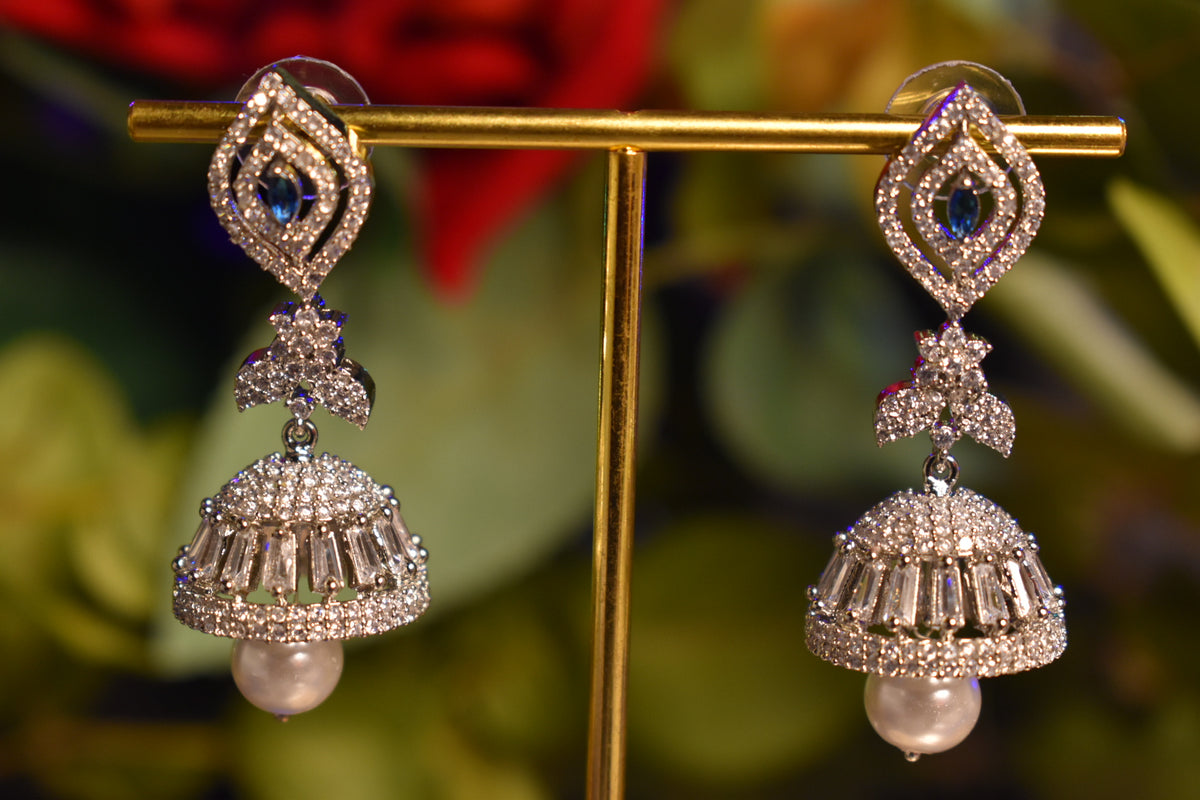 Elegant Silver Jhumka Earrings with CZ Stones & Pearl Drop – Traditional Statement Earrings for Women