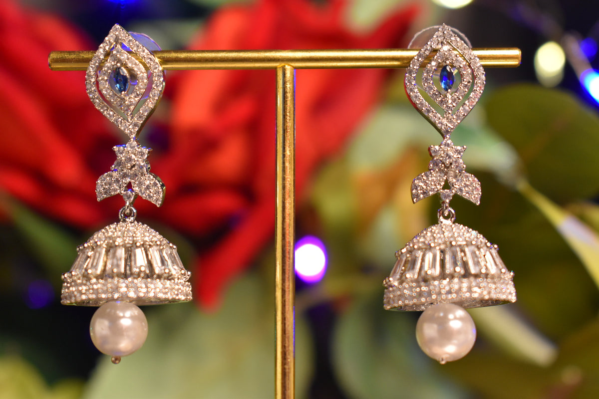 Elegant Silver Jhumka Earrings with CZ Stones & Pearl Drop – Traditional Statement Earrings for Women