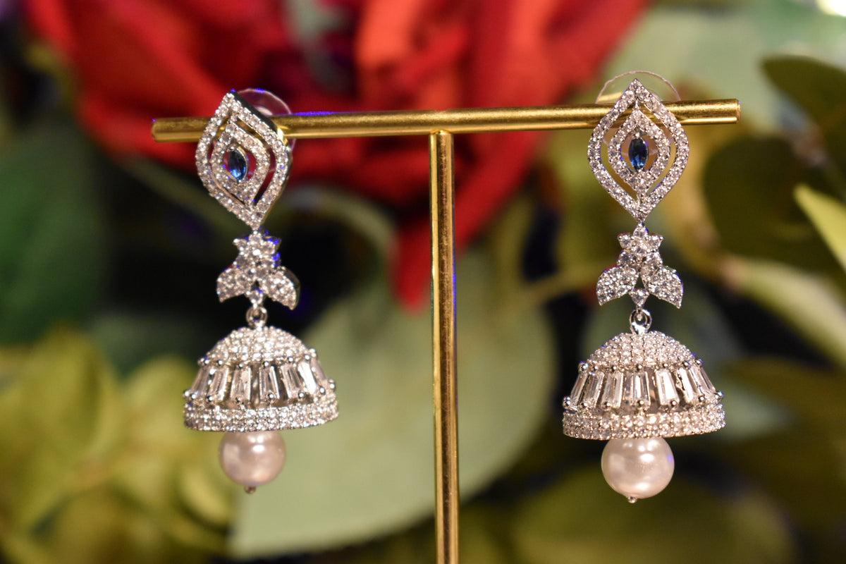 Elegant Silver Jhumka Earrings with CZ Stones & Pearl Drop – Traditional Statement Earrings for Women