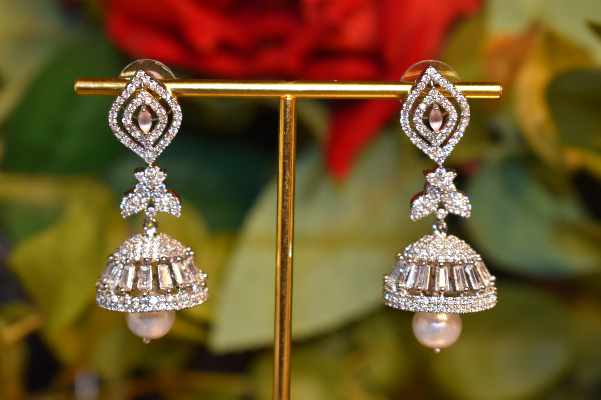 Elegant Silver Jhumka Earrings with CZ Stones & Pearl Drop – Traditional Statement Earrings for Women