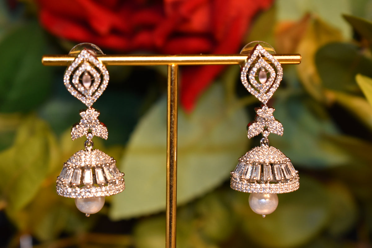 Elegant Silver Jhumka Earrings with CZ Stones & Pearl Drop – Traditional Statement Earrings for Women