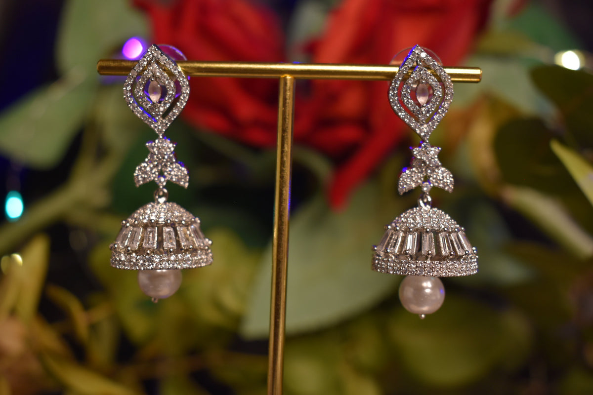 Elegant Silver Jhumka Earrings with CZ Stones & Pearl Drop – Traditional Statement Earrings for Women