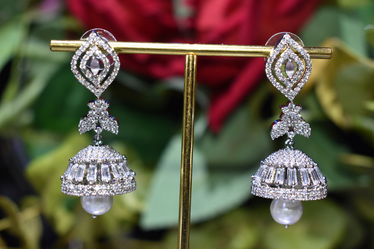 Elegant Silver Jhumka Earrings with CZ Stones & Pearl Drop – Traditional Statement Earrings for Women