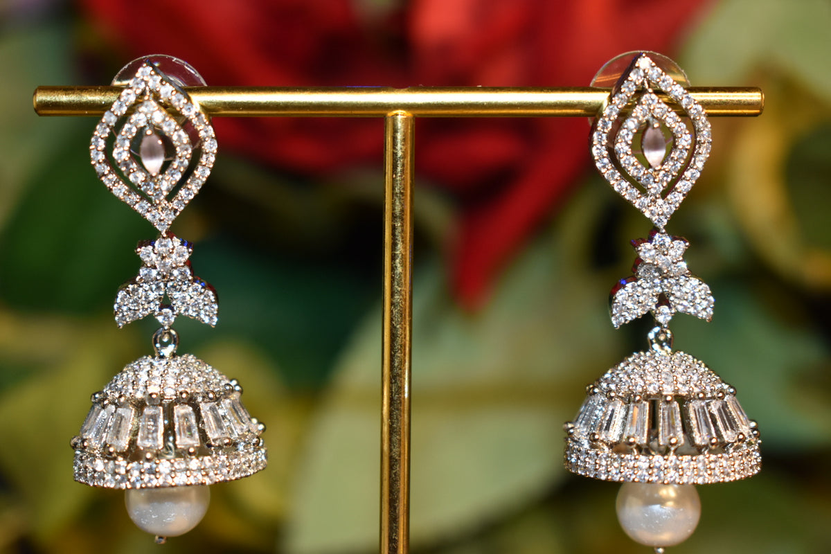 Elegant Silver Jhumka Earrings with CZ Stones & Pearl Drop – Traditional Statement Earrings for Women