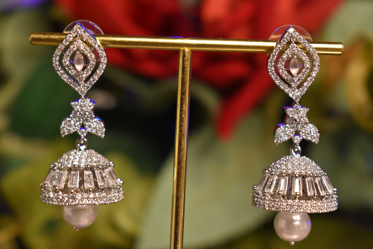 Elegant Silver Jhumka Earrings with CZ Stones & Pearl Drop – Traditional Statement Earrings for Women