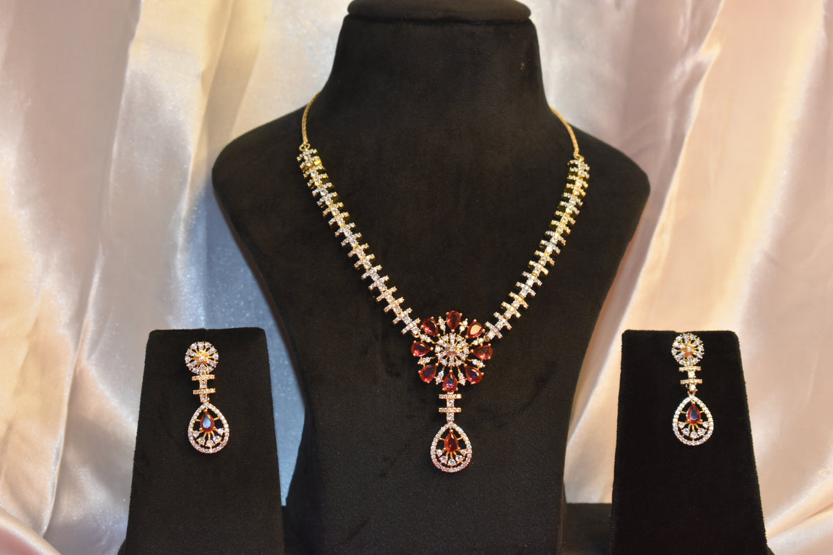 Premium Gold-Plated Necklace Set for Women | Elegant White & Pink Stone Jewellery Set with Earrings