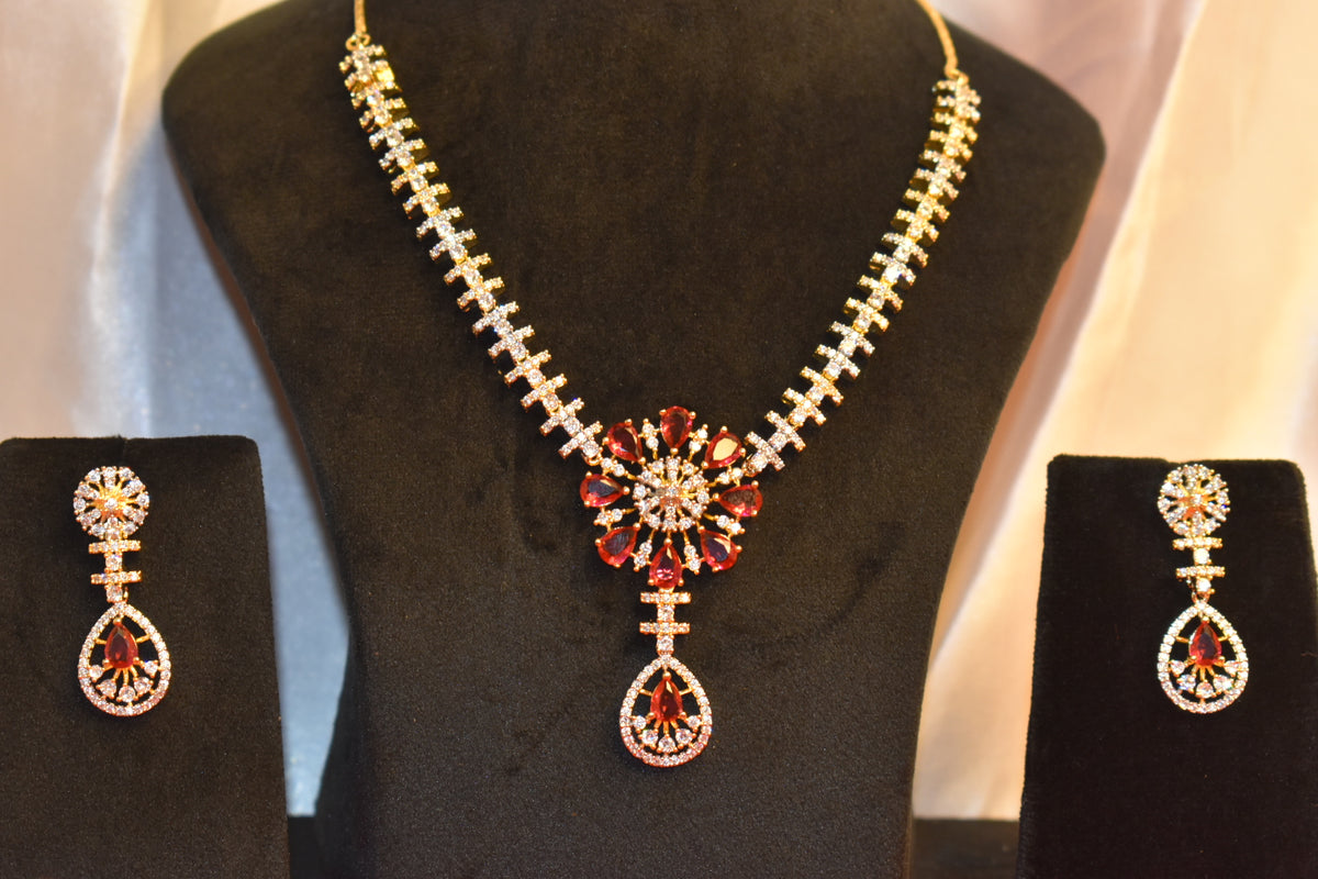Premium Gold-Plated Necklace Set for Women | Elegant White & Pink Stone Jewellery Set with Earrings