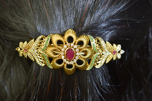 Royal Gold Floral Designer Hair Pin with Ruby & Green Stone Detailing