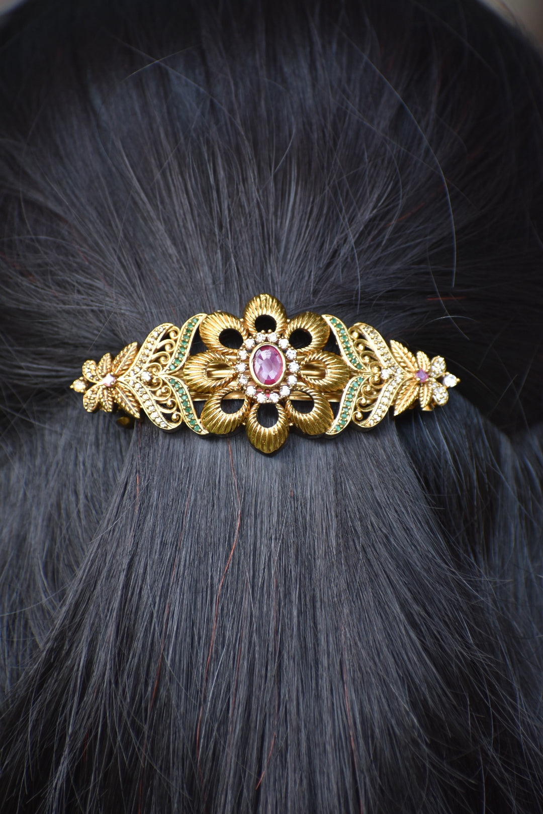 Royal Gold Floral Designer Hair Pin with Ruby & Green Stone Detailing
