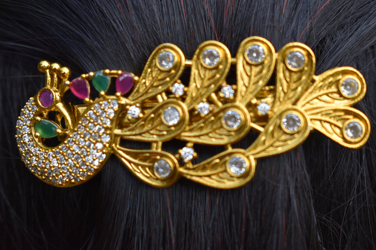 Luxury peacock hair pin - gold finish with purple & green stones