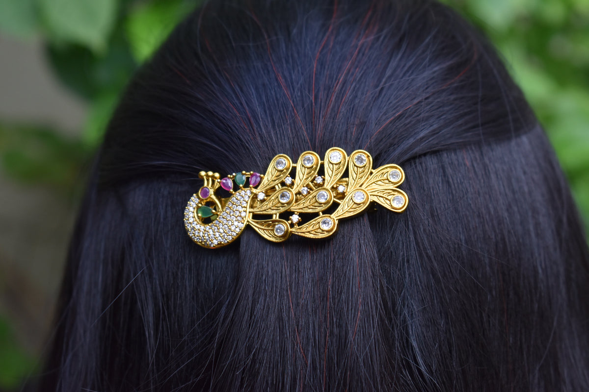 Luxury peacock hair pin - gold finish with purple & green stones