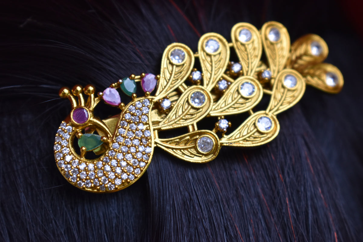 Luxury peacock hair pin - gold finish with purple & green stones