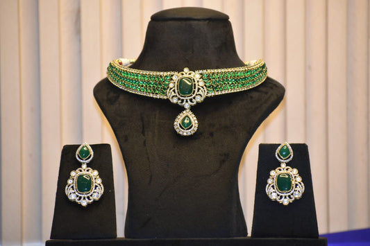 Royal Green Emerald-Style Choker Necklace Set with Matching Earrings