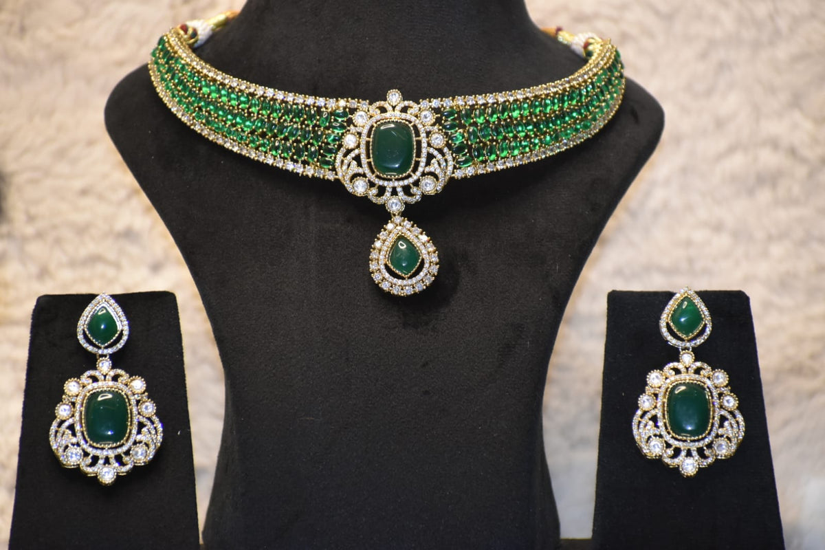 Royal Green Emerald-Style Choker Necklace Set with Matching Earrings