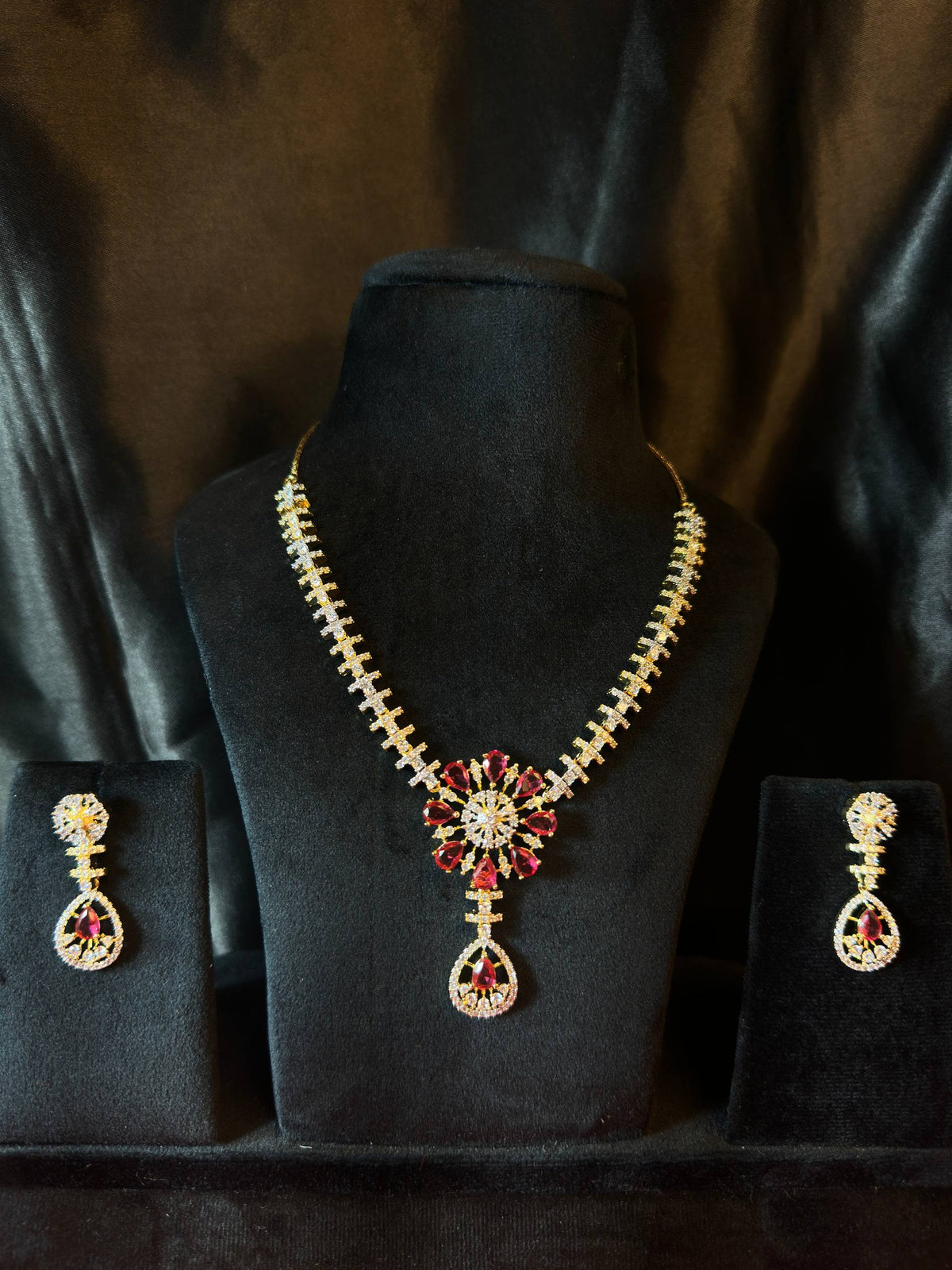 Premium Gold-Plated Necklace Set for Women | Elegant White & Pink Stone Jewellery Set with Earrings