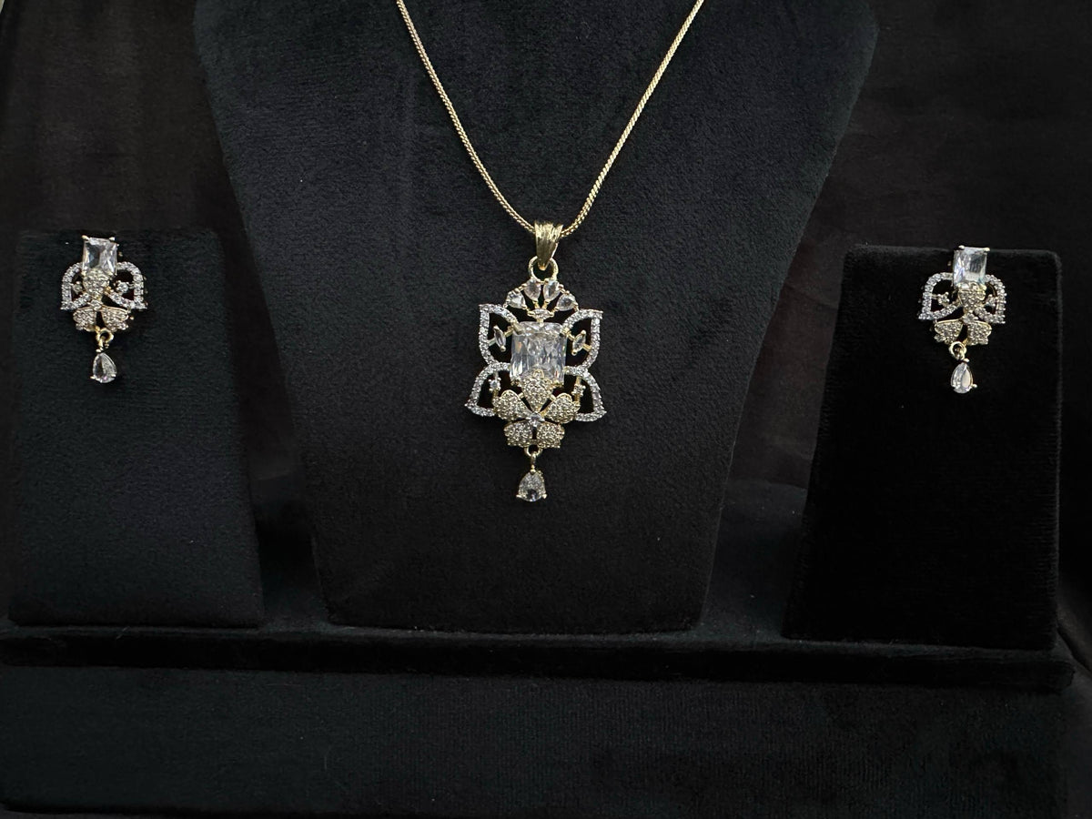 Royal Black and white Stone Pendant Necklace Set with Matching Earrings – Intricate Crystal Statement Jewellery
