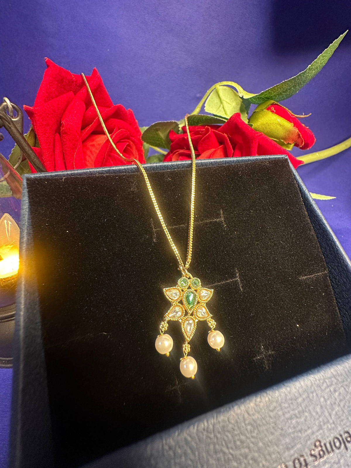 Emerald Floral Pearl Drop Necklace | Elegant Gold-Tone Statement Jewellery