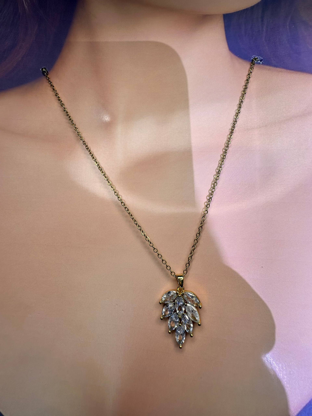 Celestial Crystal Leaf Pendant Necklace – Gold-Tone Statement Necklace