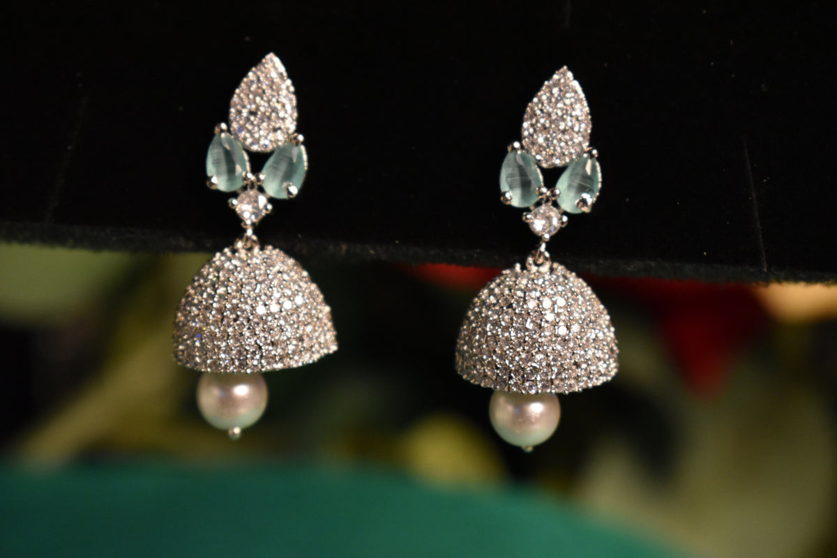 Elegant Crystal Studded Green & Silver Drop Earrings for Women