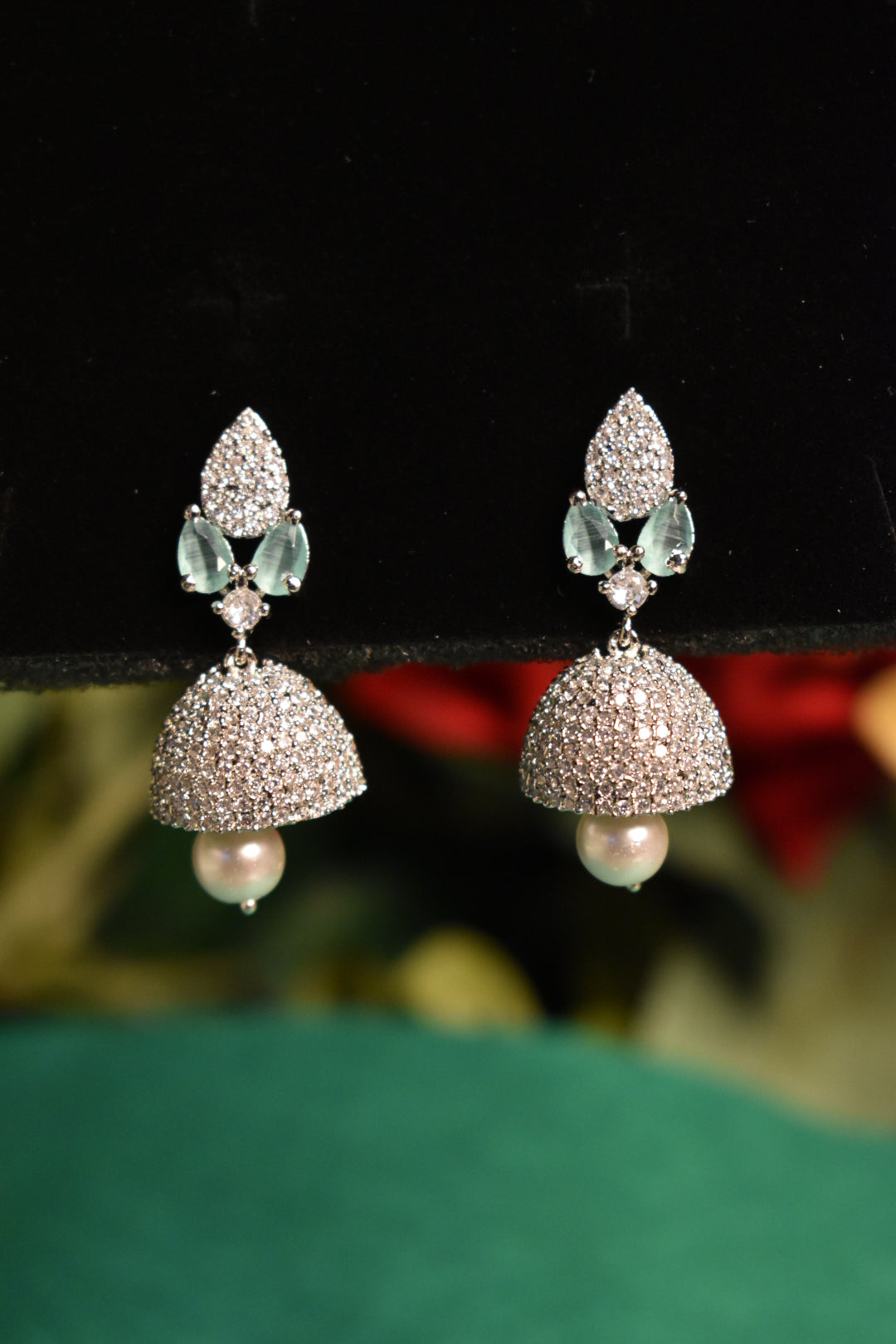 Elegant Crystal Studded Green & Silver Drop Earrings for Women
