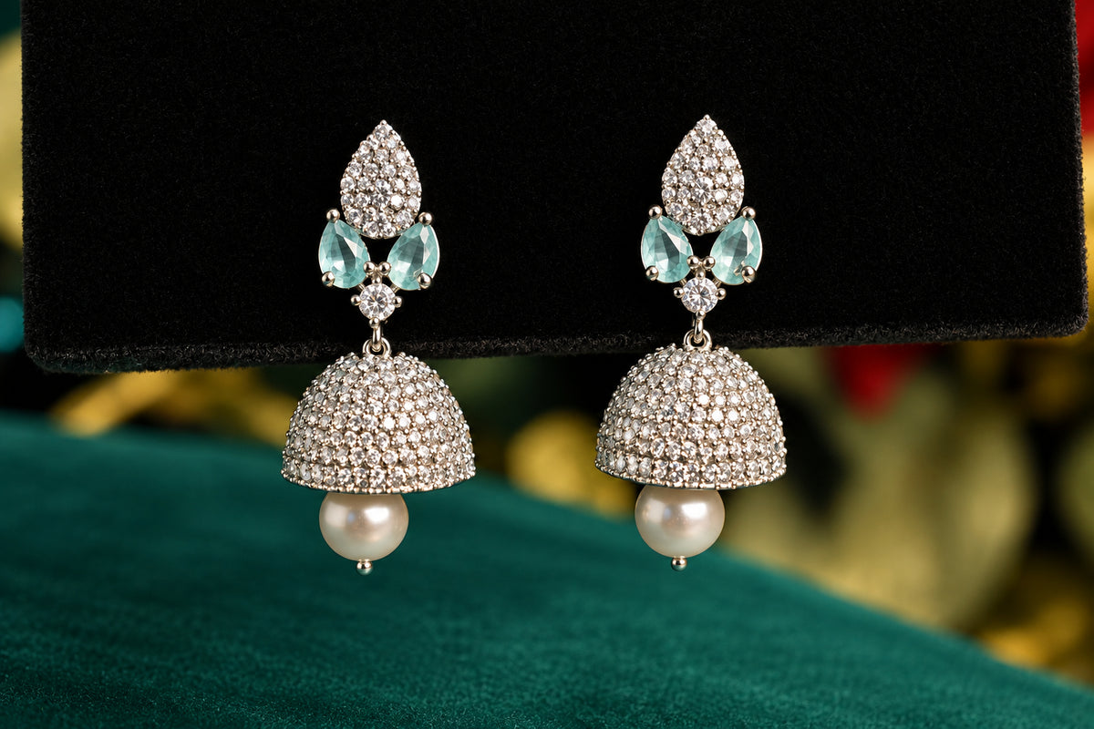 Elegant Crystal Studded Green & Silver Drop Earrings for Women