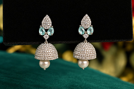 Elegant Crystal Studded Green & Silver Drop Earrings for Women